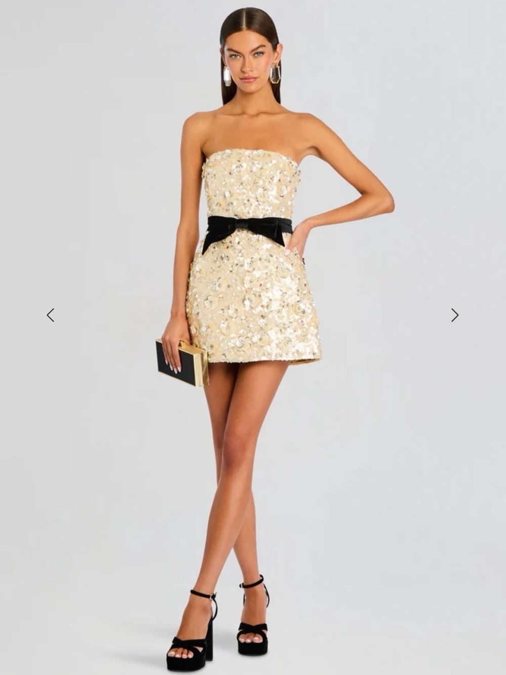 Retrofete Champagne Sequin Strapless Mini Dress with Black Velvet Bow